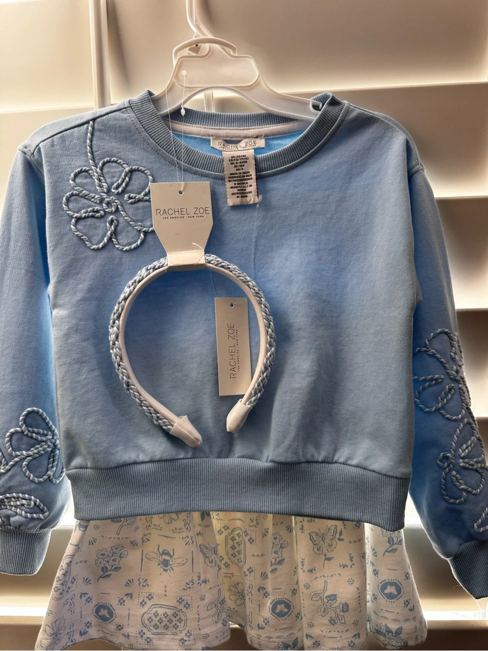 ✅NEW “Rachel Zoe” Light Blue Embroidered Sweatshirt & Skirt with Headband